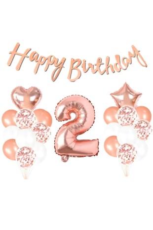 Bkmc Yaş Balonlu Rose Gold Happy Birthday Kaliografili Doğum Günü Seti